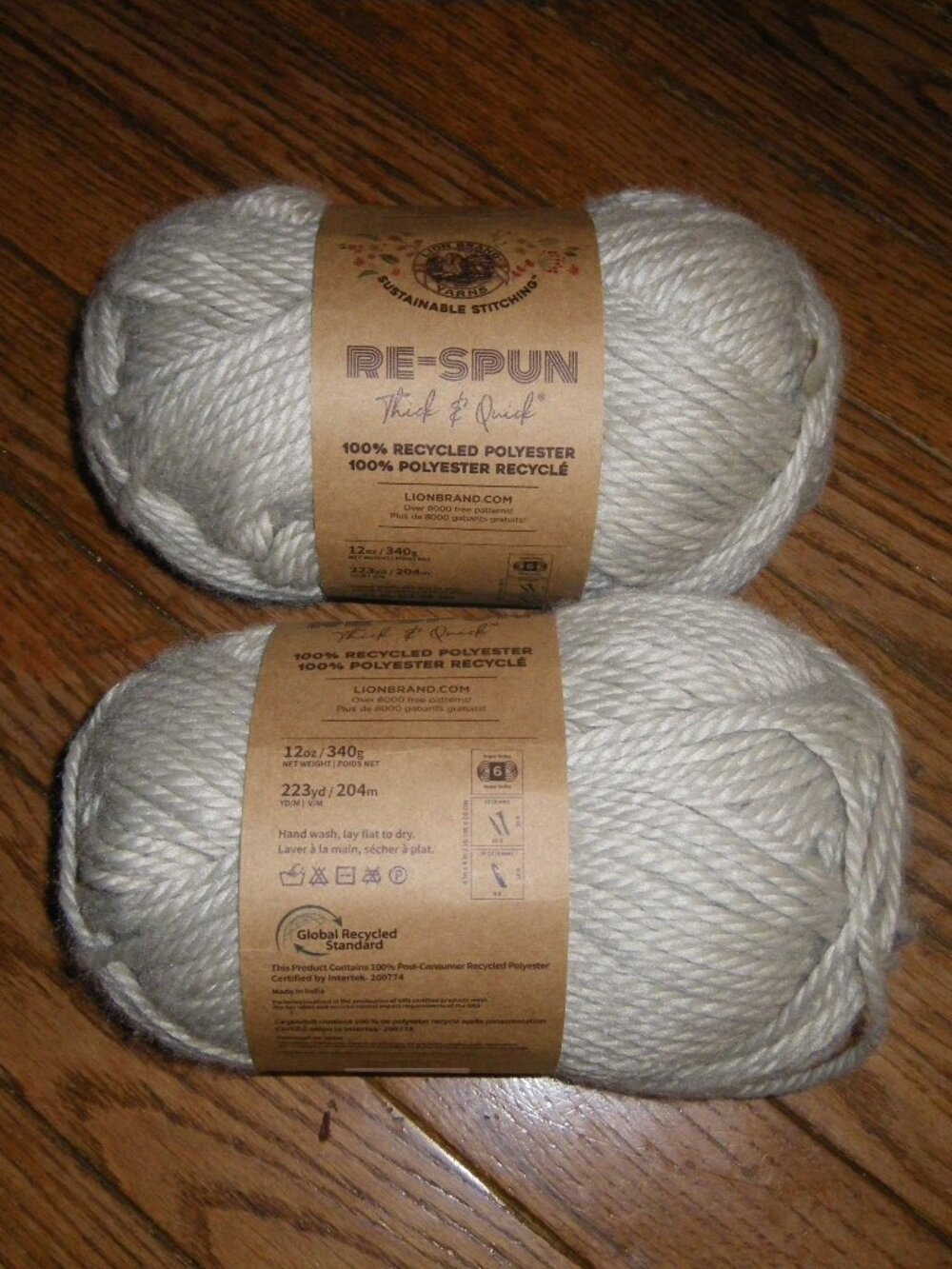 2 Lg Skeins Lion Brand Yarns Re-Spun Thick & Quick Color Pumice Stone 223 yds ea